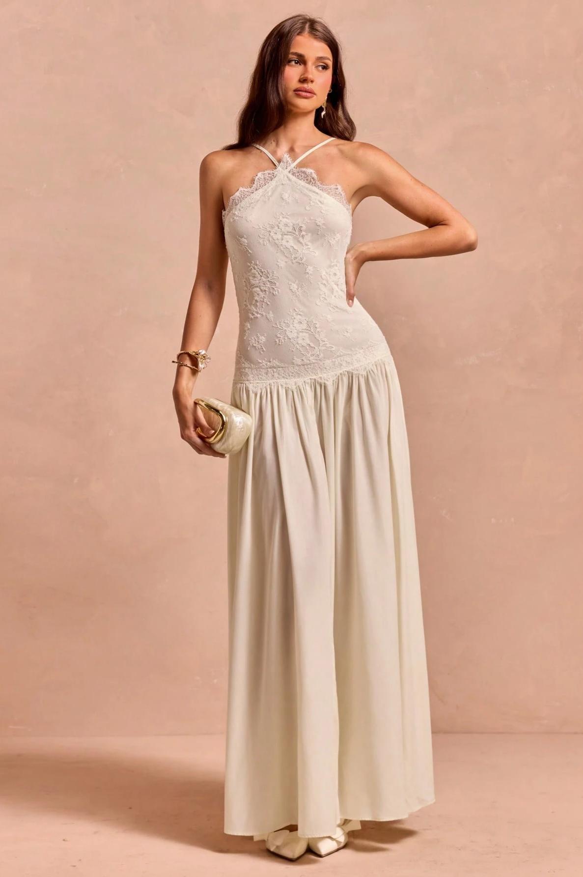 Lace Halter Pleated Maxi Dress