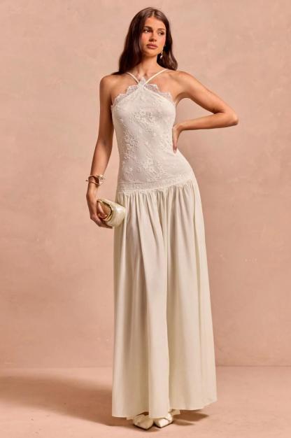 Lace Halter Pleated Maxi Dress