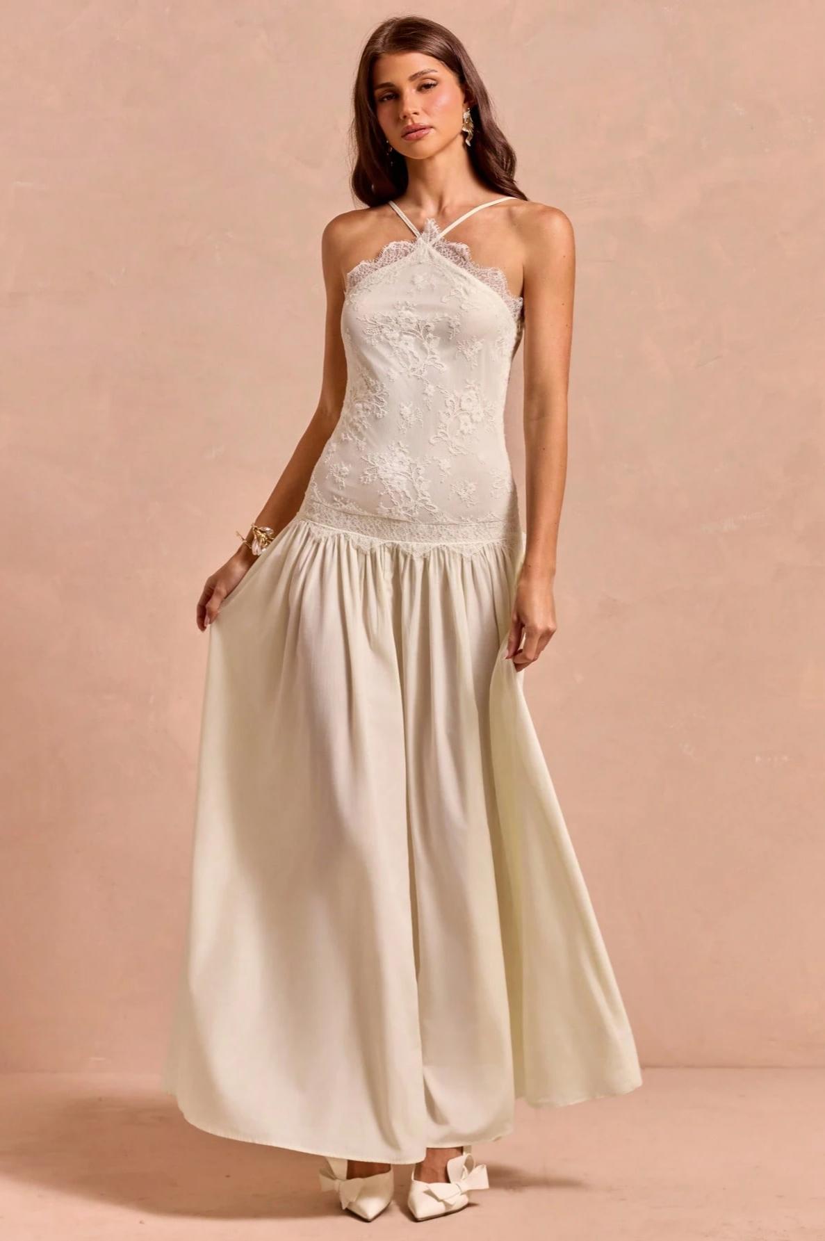 Lace Halter Pleated Maxi Dress