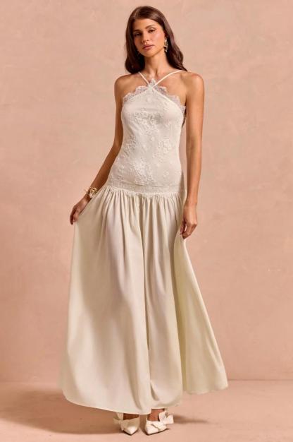 Lace Halter Pleated Maxi Dress