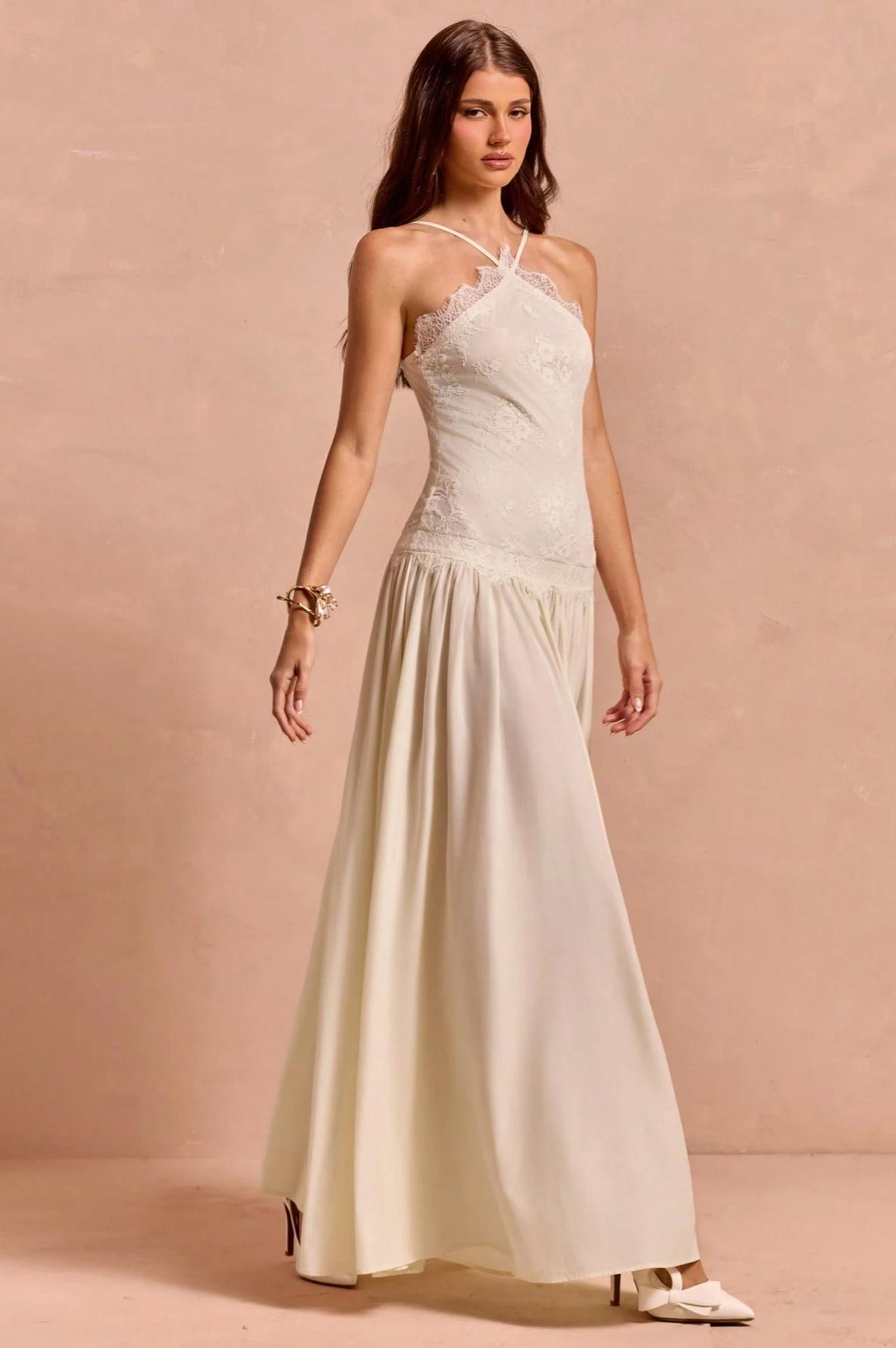 Lace Halter Pleated Maxi Dress