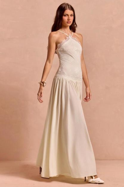 Lace Halter Pleated Maxi Dress