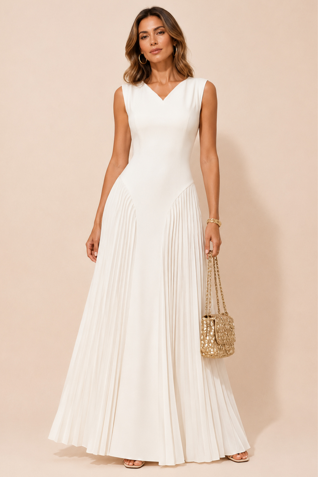 V Neck Sleeveless Pleated Maxi Dress