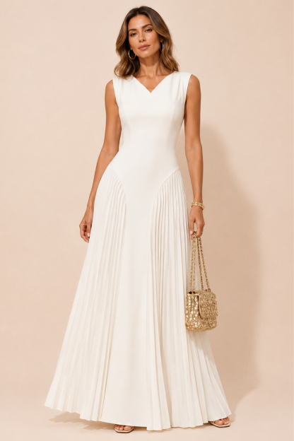 V Neck Sleeveless Pleated Maxi Dress