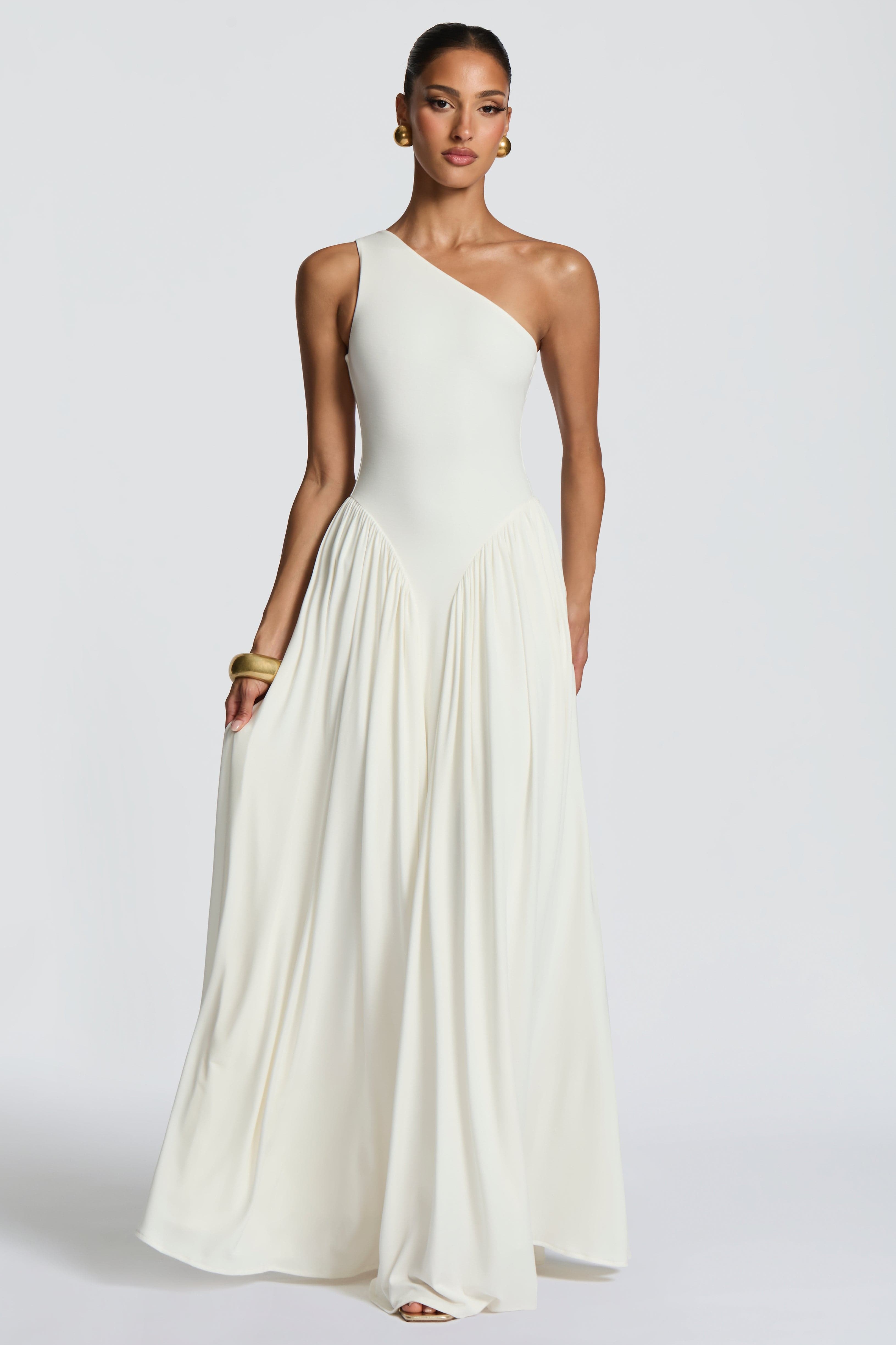 Jersey One Shoulder Gathered Maxi Dress