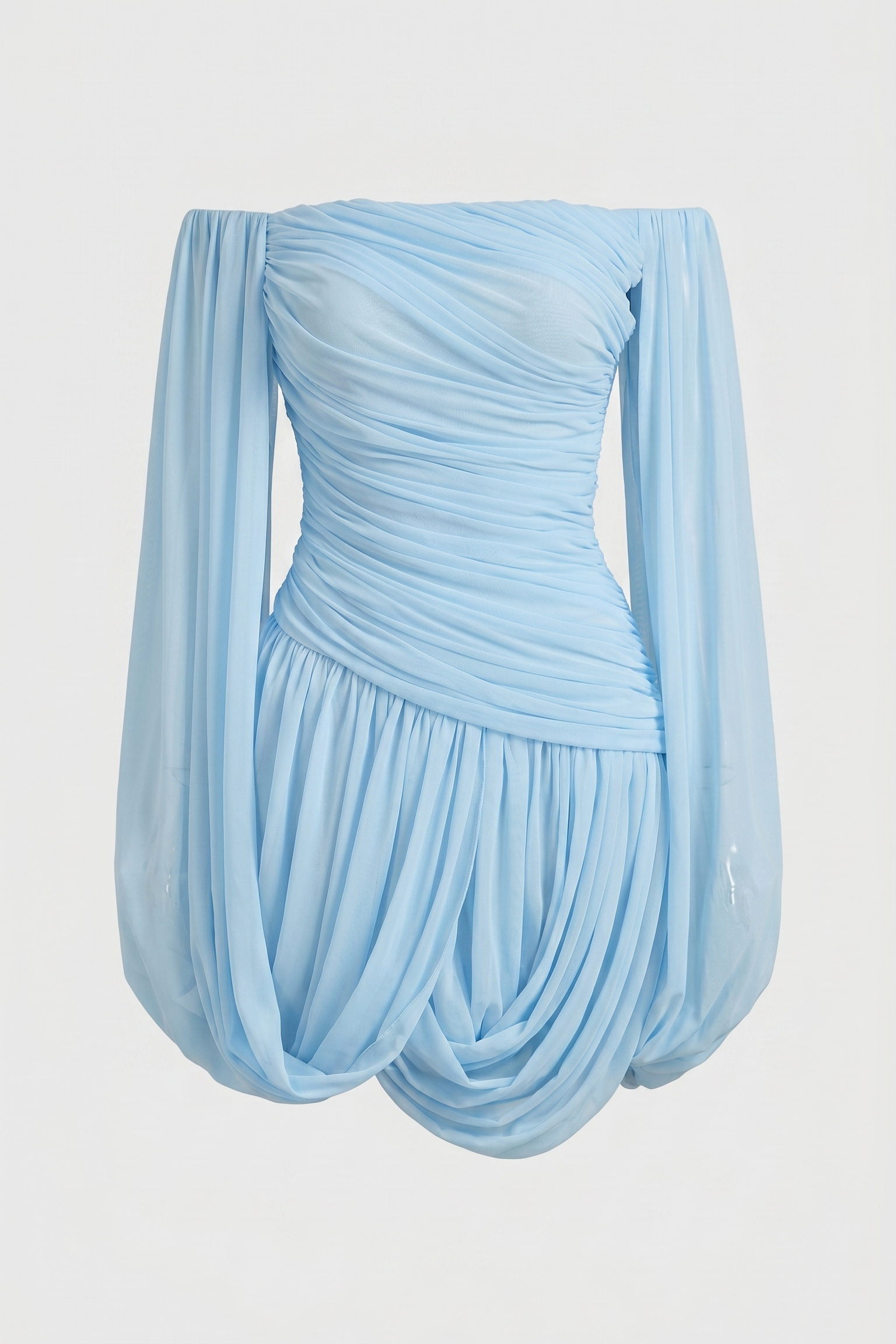 Off Shoulder Ruched Flare Sleeve Draped Mini Dress