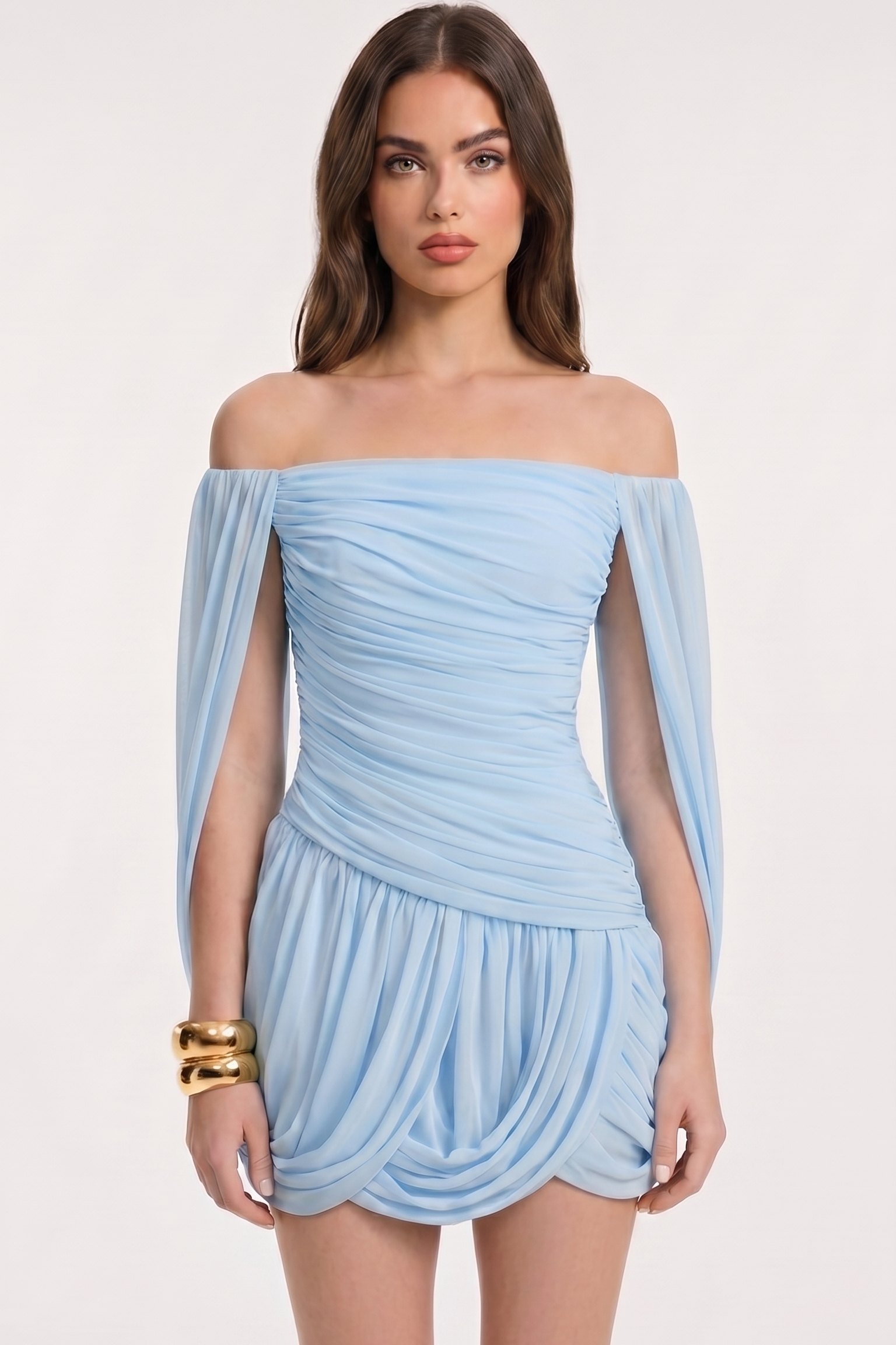 Off Shoulder Ruched Flare Sleeve Draped Mini Dress