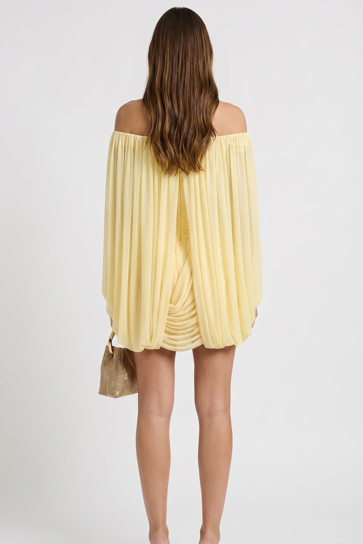 Off Shoulder Ruched Flare Sleeve Draped Mini Dress