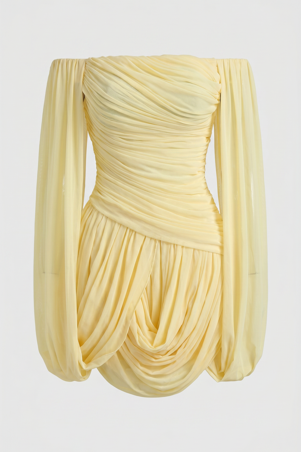 Off Shoulder Ruched Flare Sleeve Draped Mini Dress