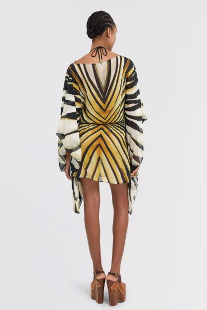 Print Batwing Sleeve Elastic Waist Mini Dress