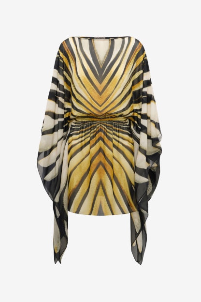 Print Batwing Sleeve Elastic Waist Mini Dress