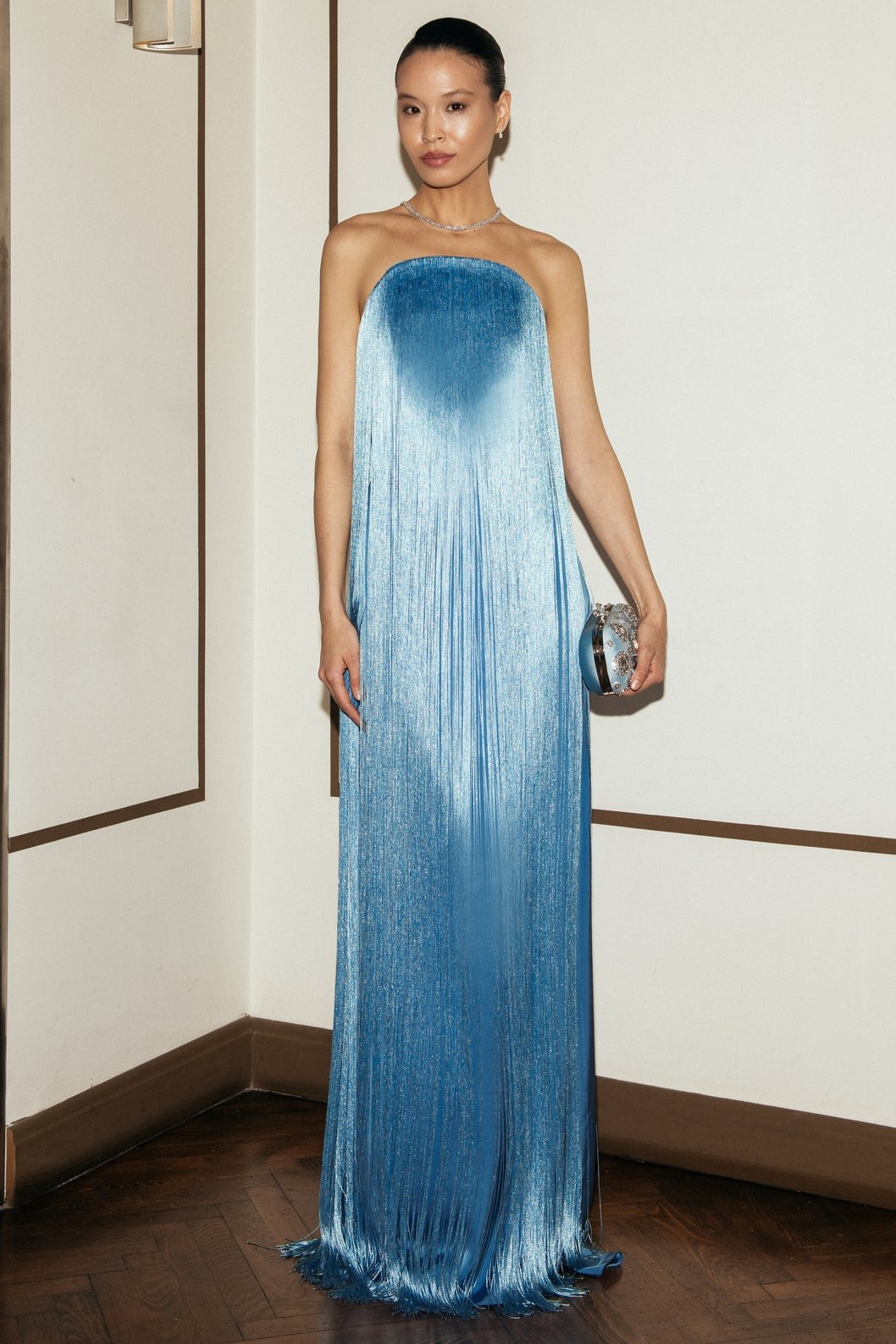 Satin Strapless Fringe Maxi Dress
