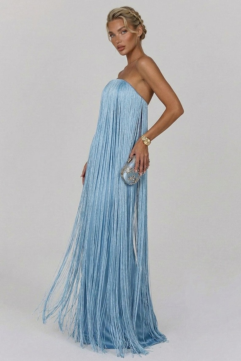 Satin Strapless Fringe Maxi Dress