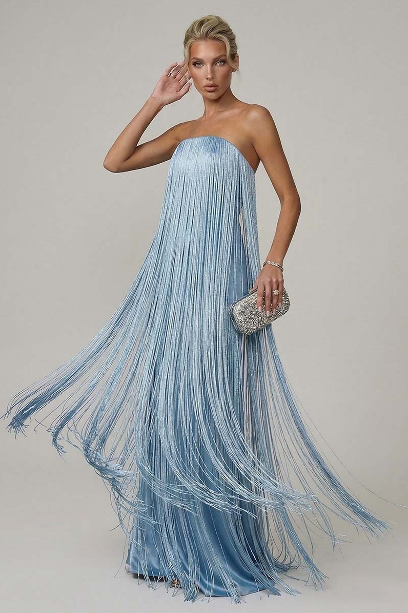 Satin Strapless Fringe Maxi Dress