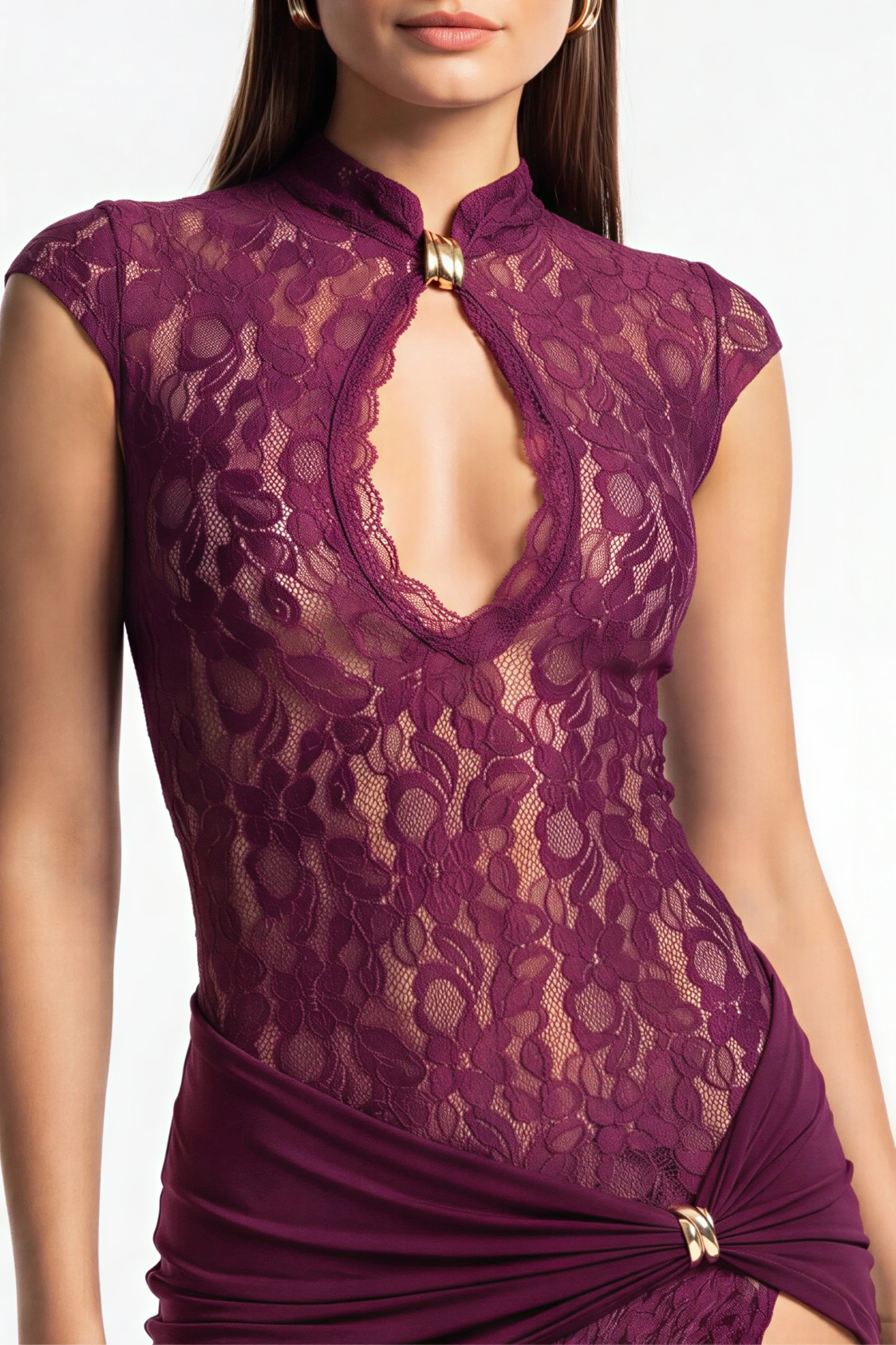Lace Metal Buckle Twist Slit Mini Dress