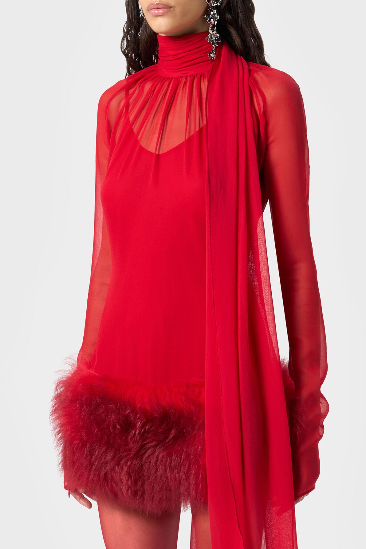 Chiffon Fur Spliced High Neck Long Sleeve Mini Dress