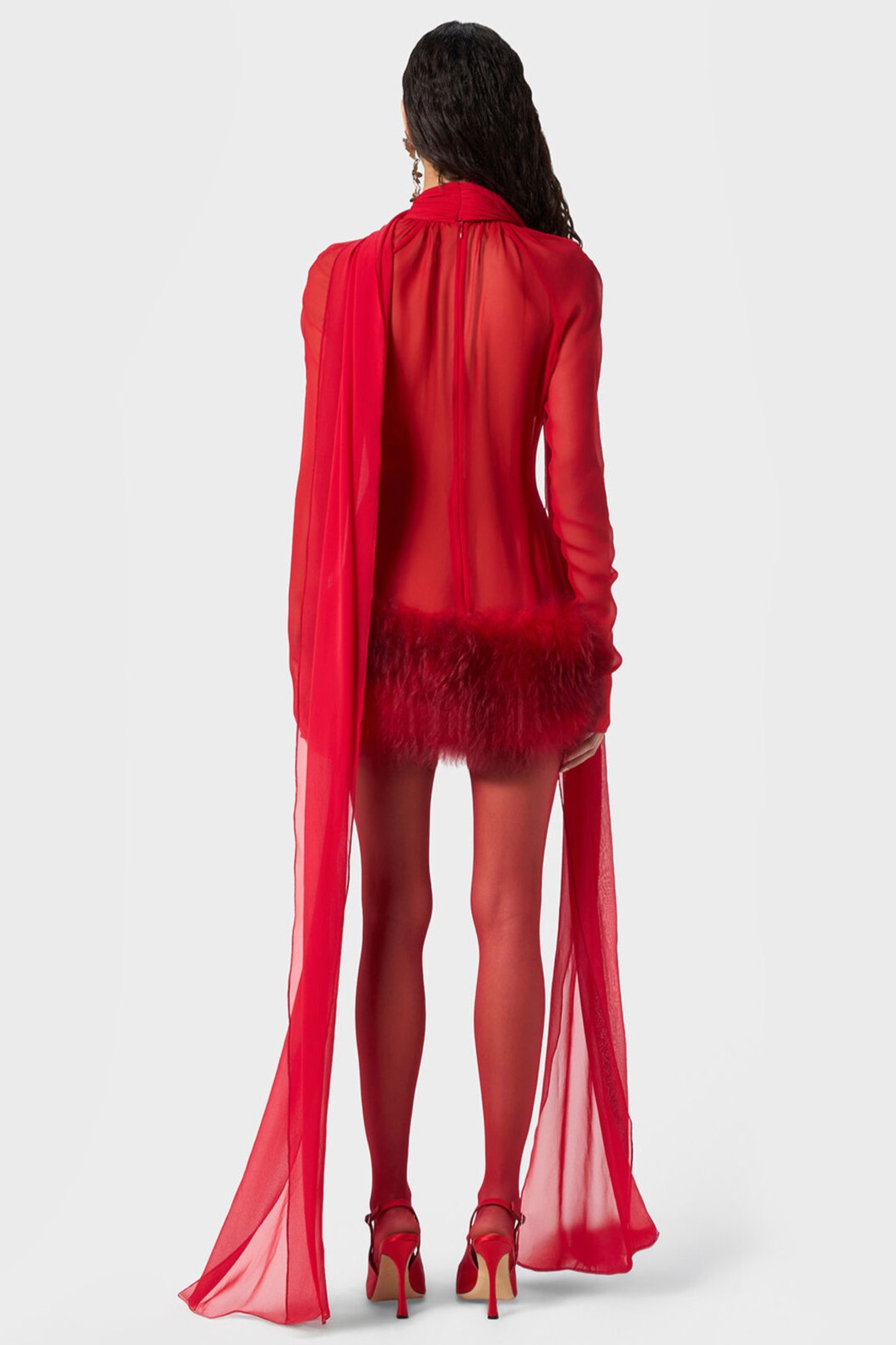 Chiffon Fur Spliced High Neck Long Sleeve Mini Dress