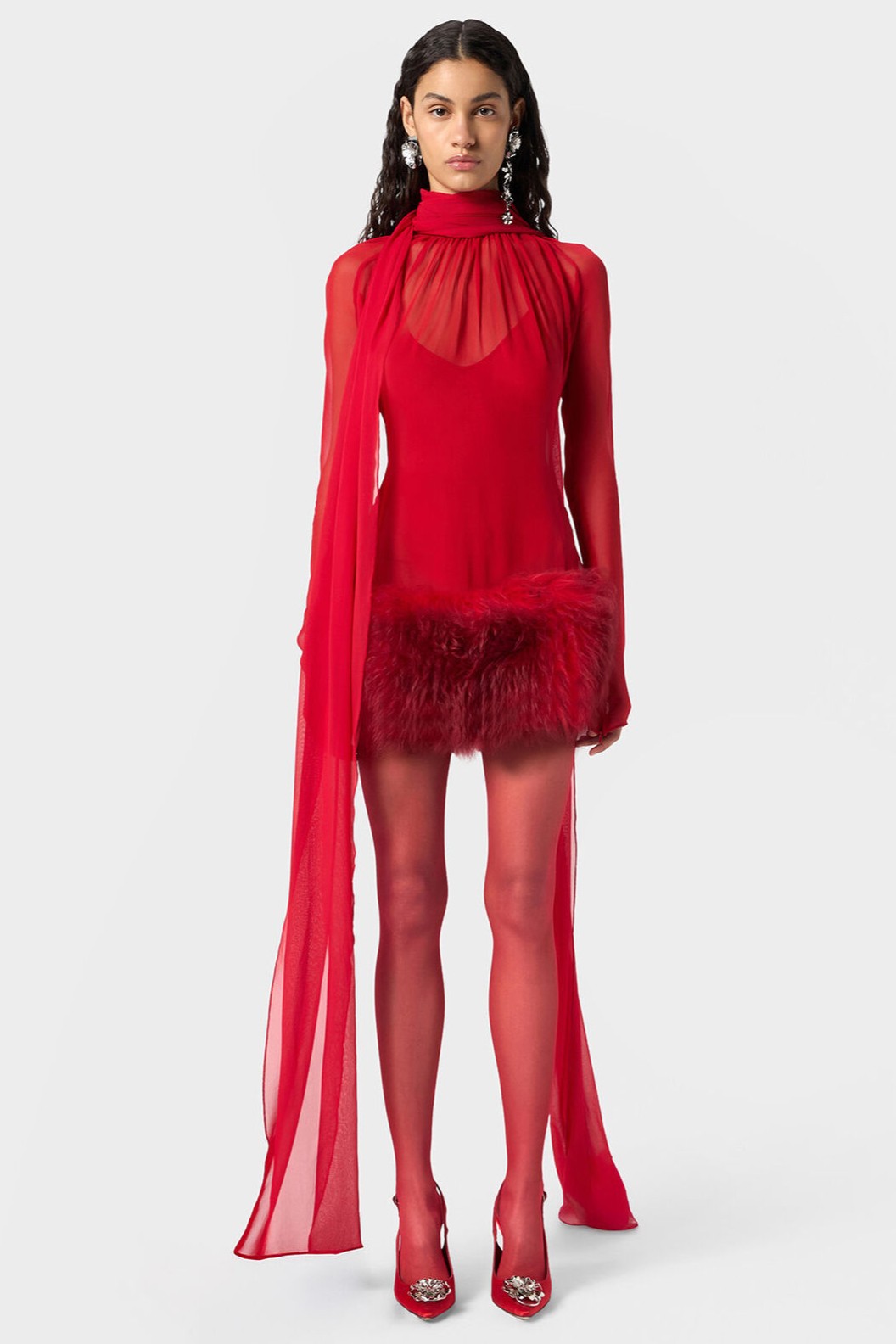 Chiffon Fur Spliced High Neck Long Sleeve Mini Dress