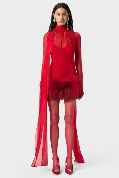 Chiffon Fur Spliced High Neck Long Sleeve Mini Dress