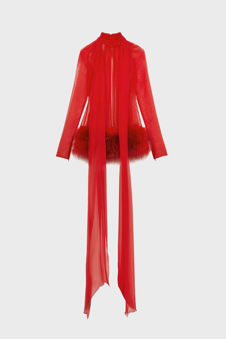 Chiffon Fur Spliced High Neck Long Sleeve Mini Dress