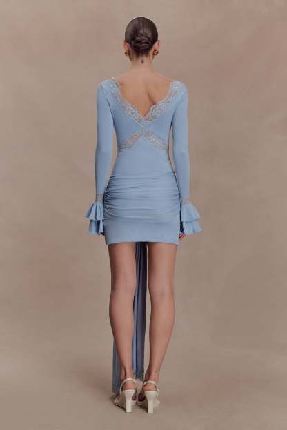 Jersey Lace V-Neck Flare Sleeve Tie Sash Mini Dress