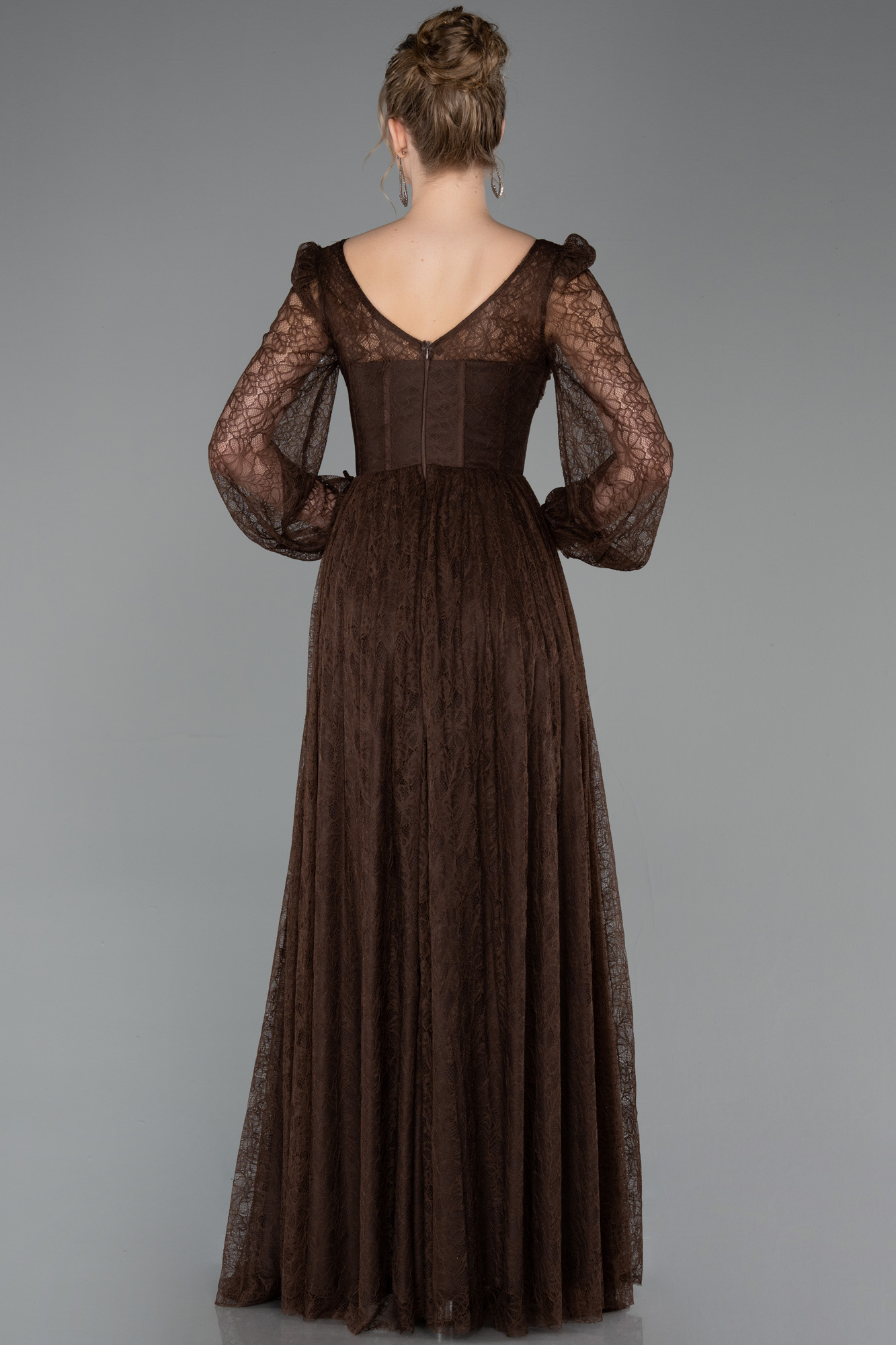 Lace Square Neck Ruched Puff Sleeve Slit Midi Dress