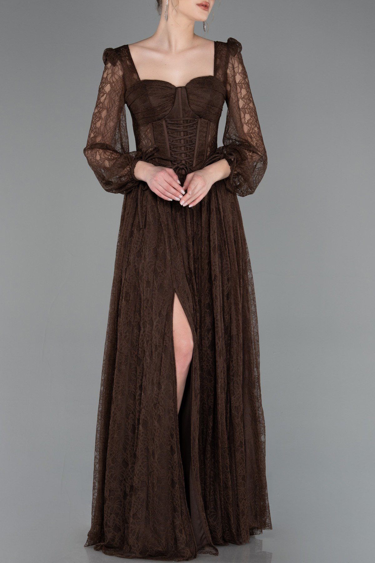 Lace Square Neck Ruched Puff Sleeve Slit Midi Dress