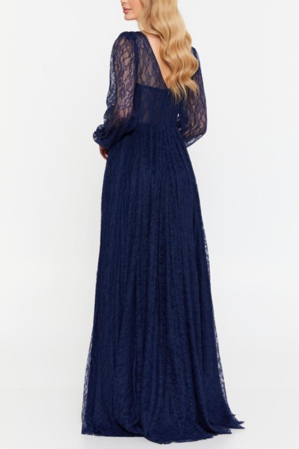 Lace Square Neck Ruched Puff Sleeve Slit Midi Dress