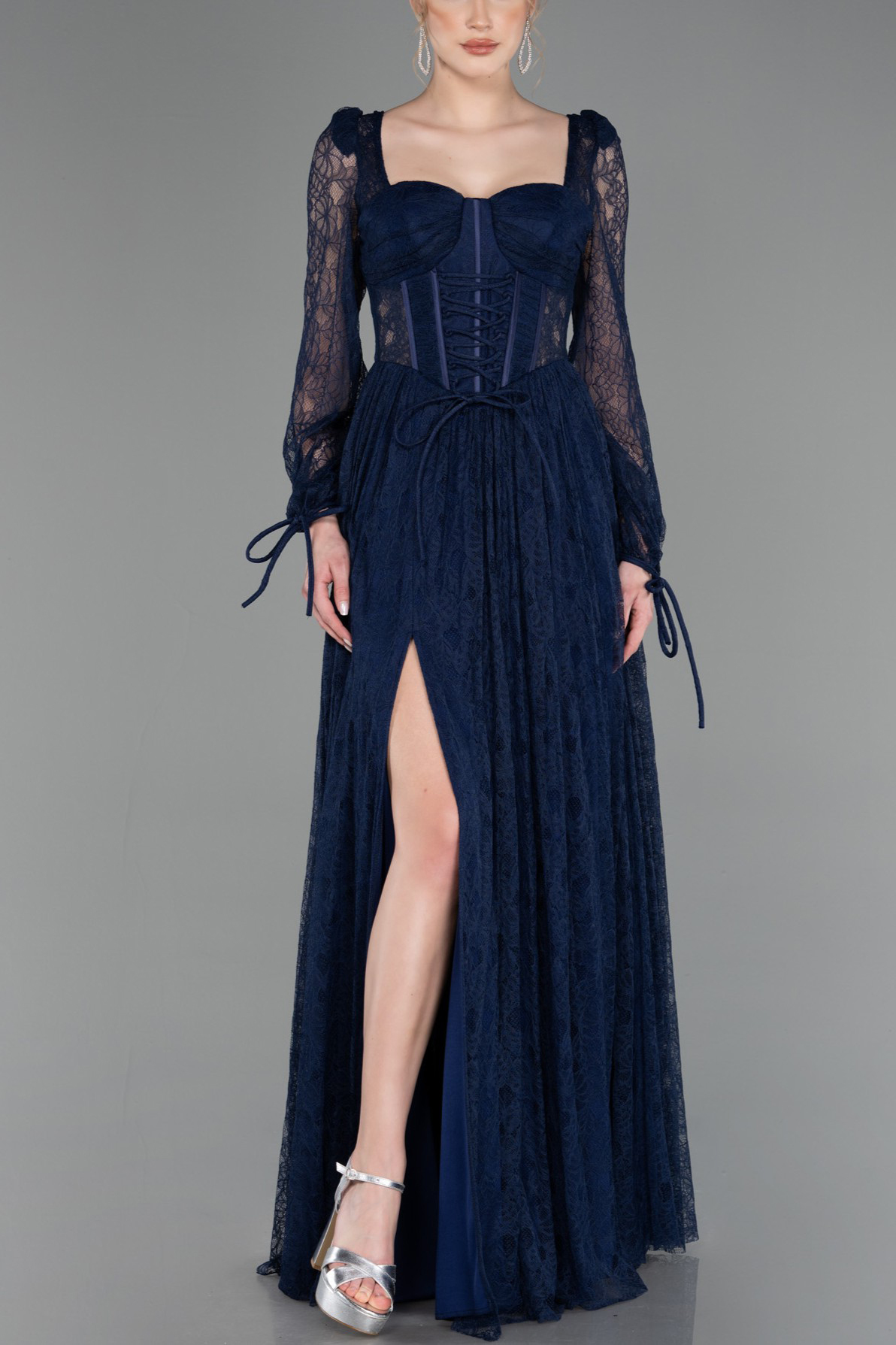 Lace Square Neck Ruched Puff Sleeve Slit Midi Dress