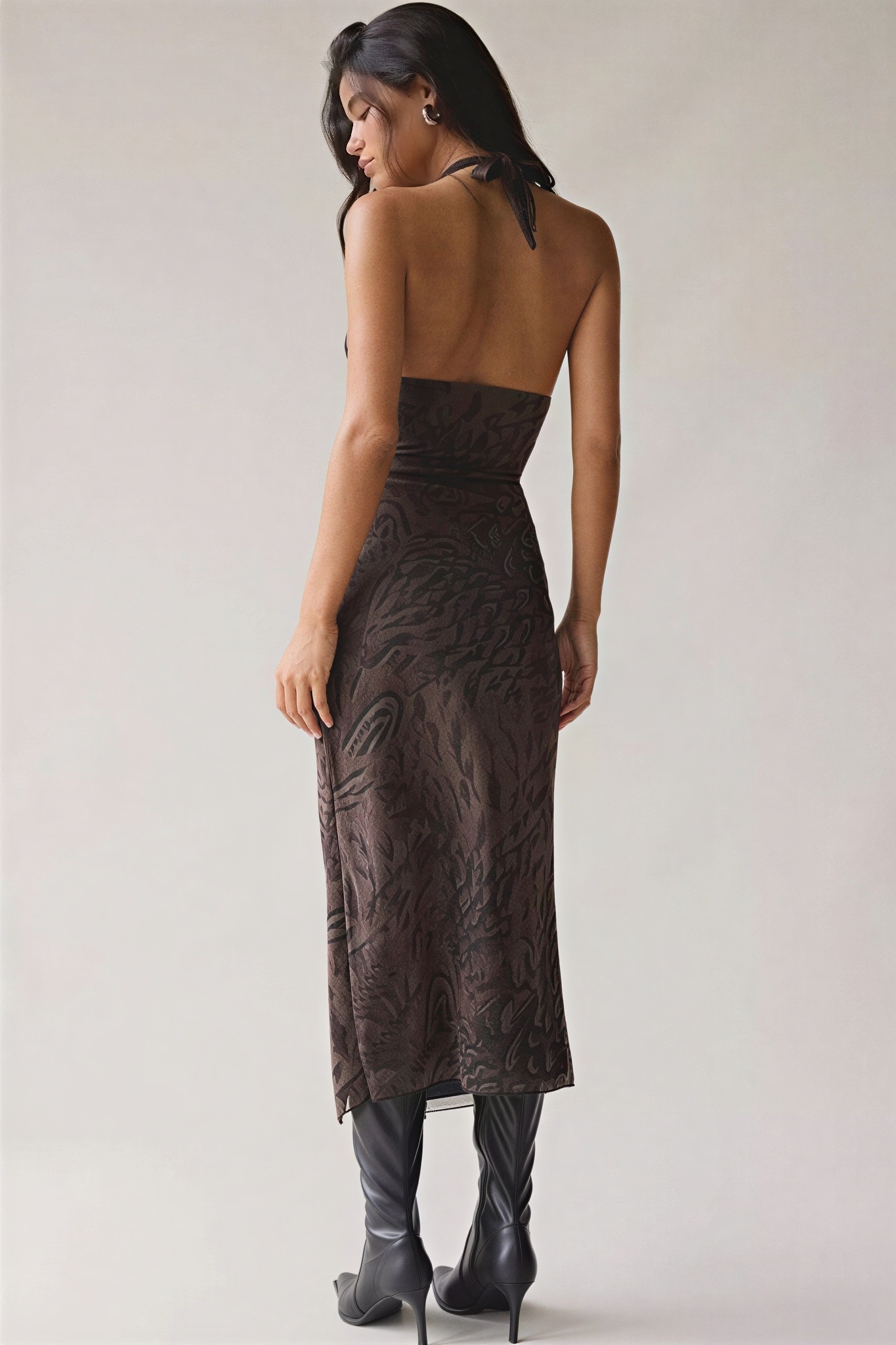 Printed Mesh Halter Slit Midi Dress