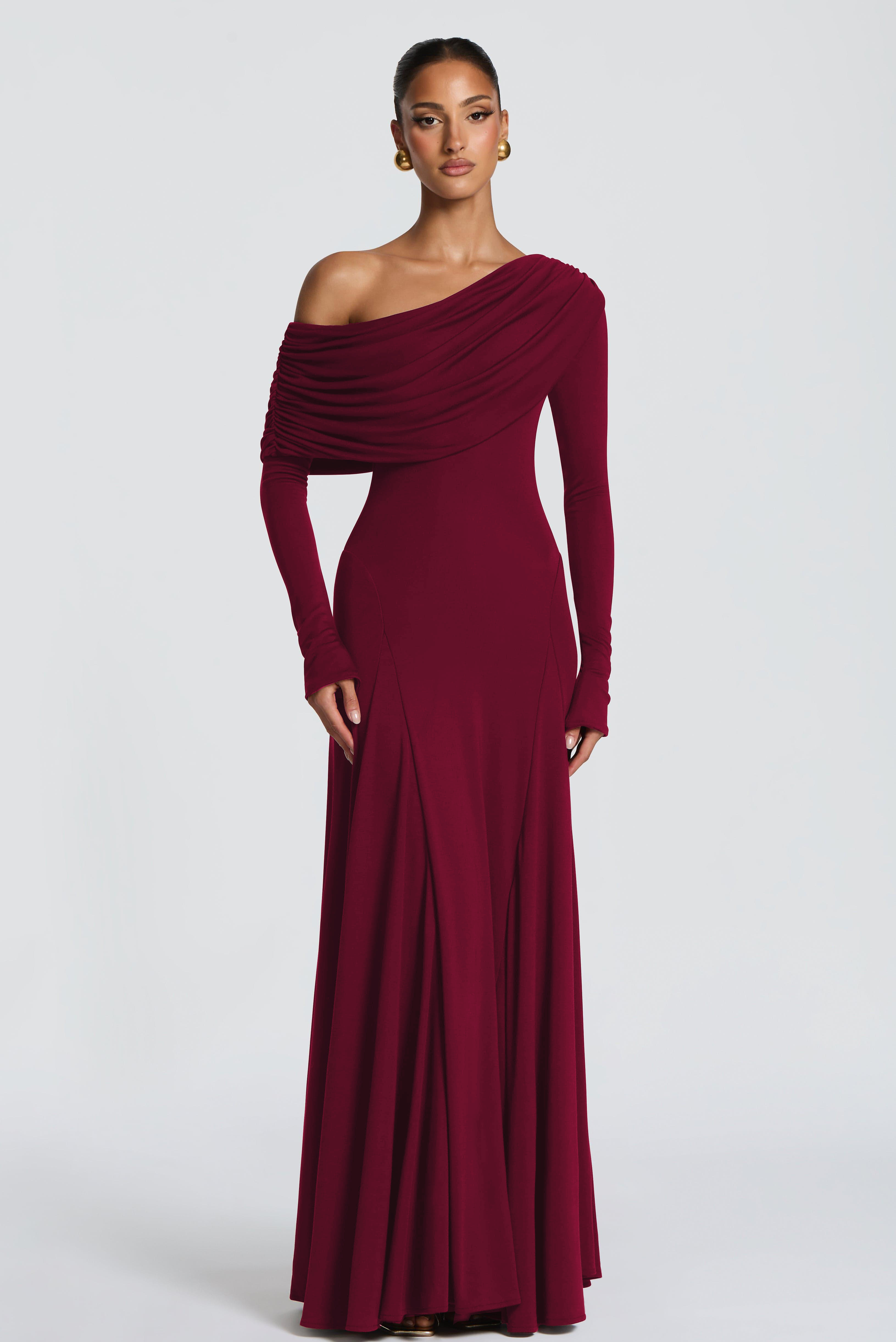 Jersey Skew Collar Long Sleeve Maxi Dress