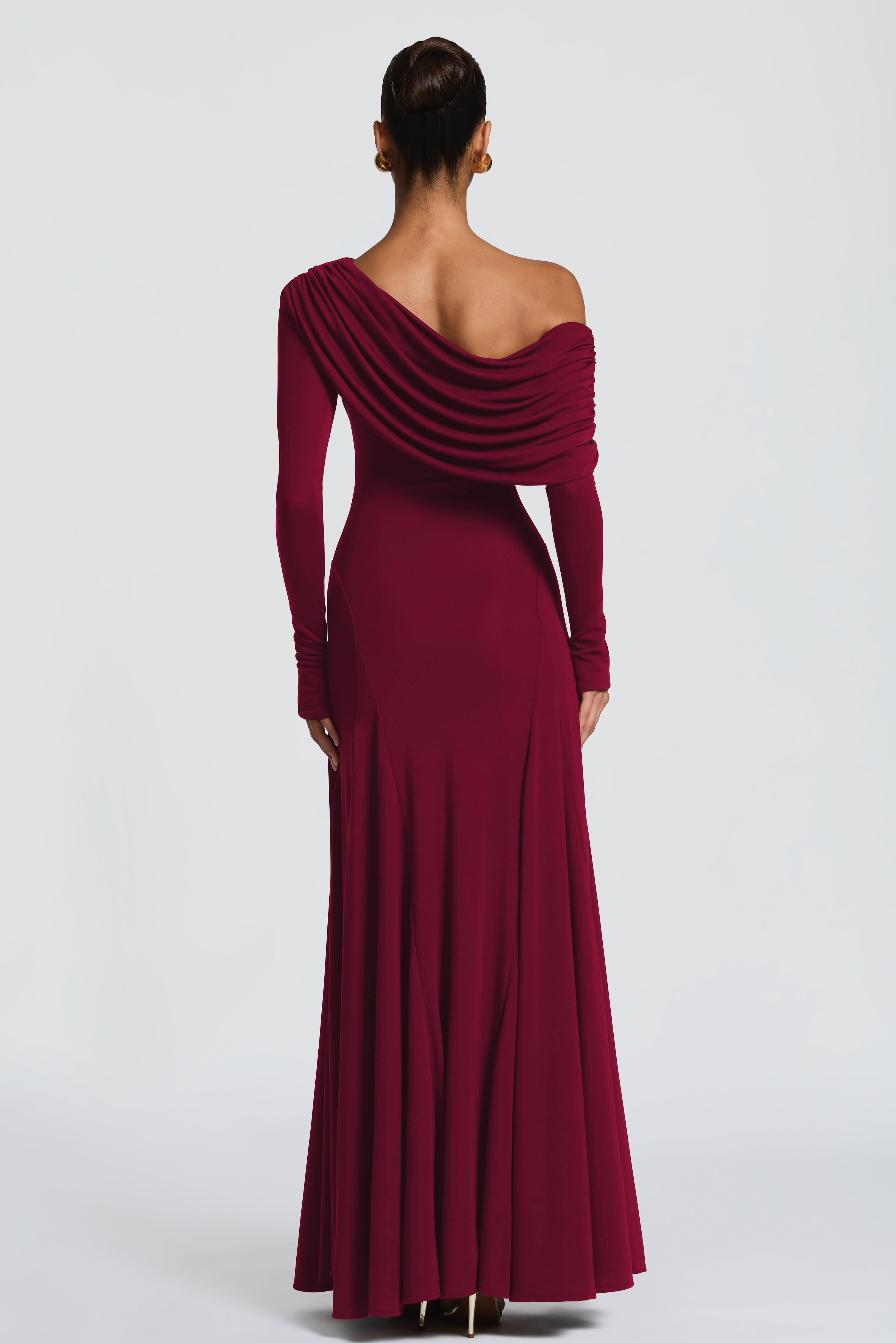 Jersey Skew Collar Long Sleeve Maxi Dress
