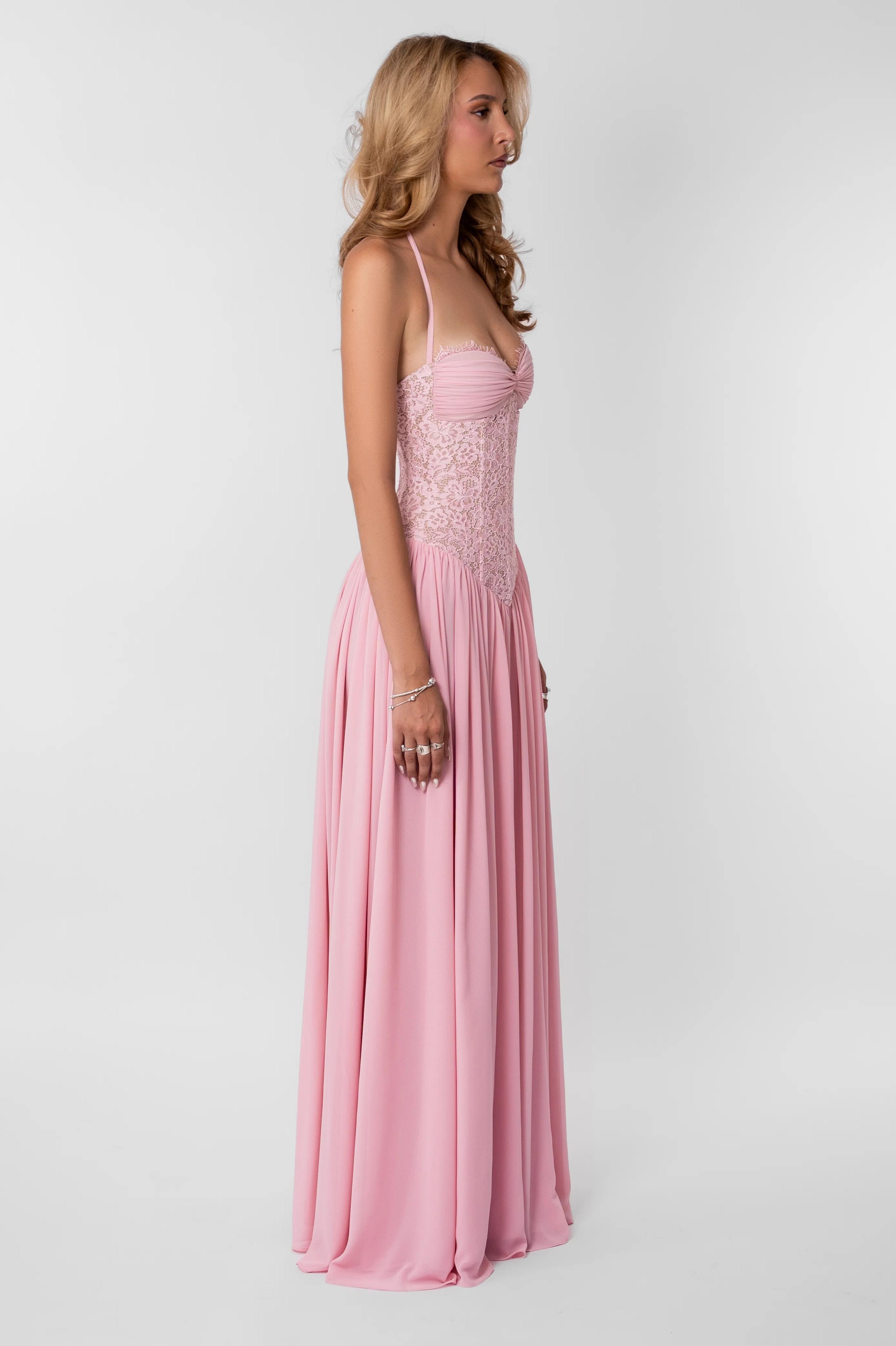 Lace Splicing Chiffon Halter Neck Tie-Up Maxi Dress