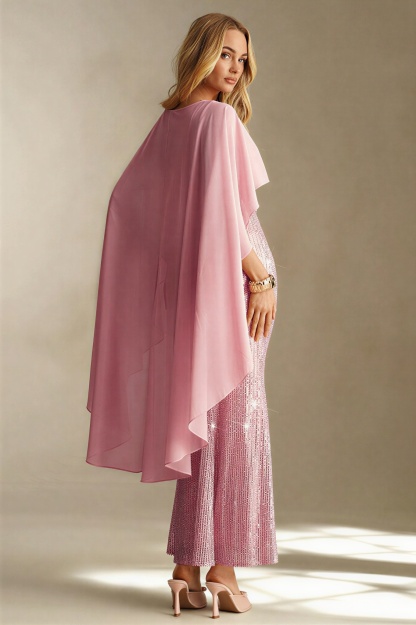 Sequin Splicing Chiffon Cape Sleeve Midi Dress