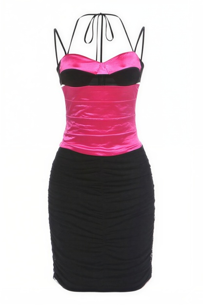Contrast Color Cut-Out Top & Mesh Gathering Mini Skirt Set