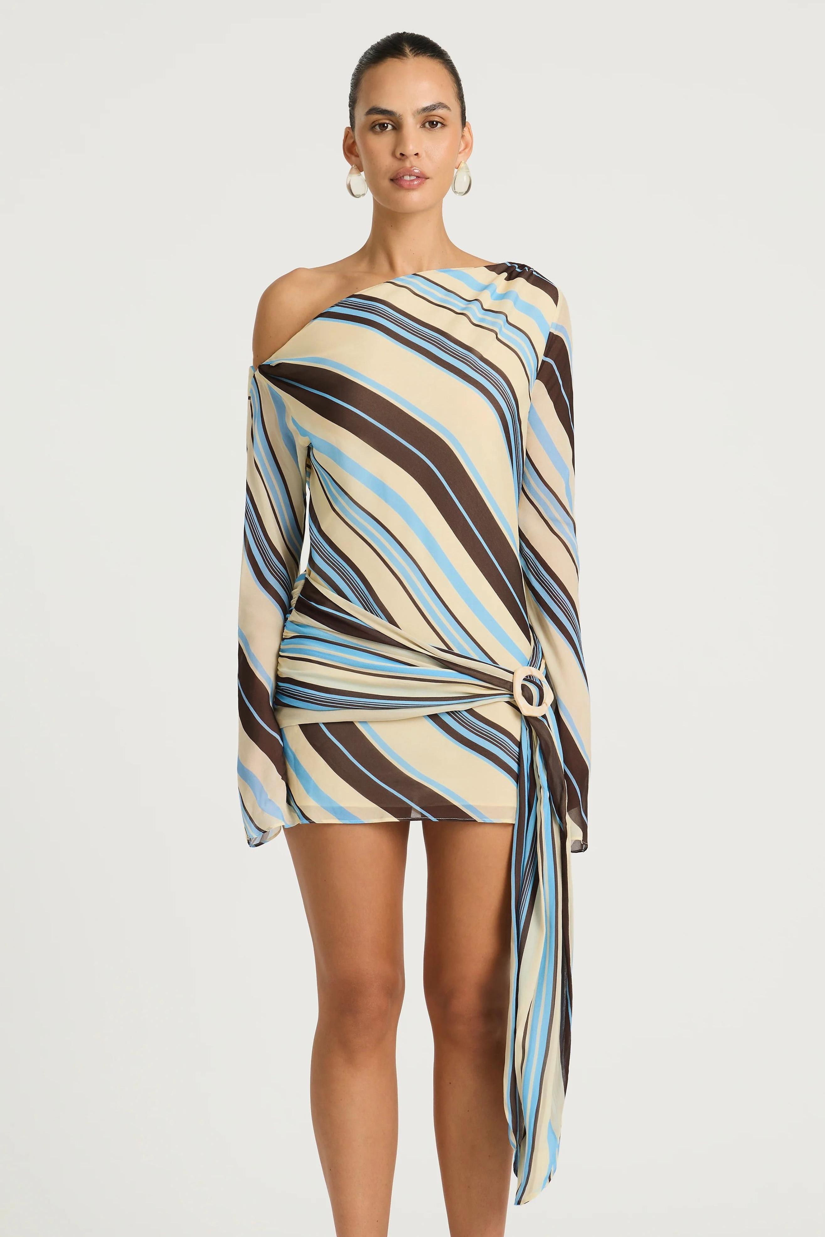 Chiffon Stripe Skew Collar Mini Dress – Violet Aurora