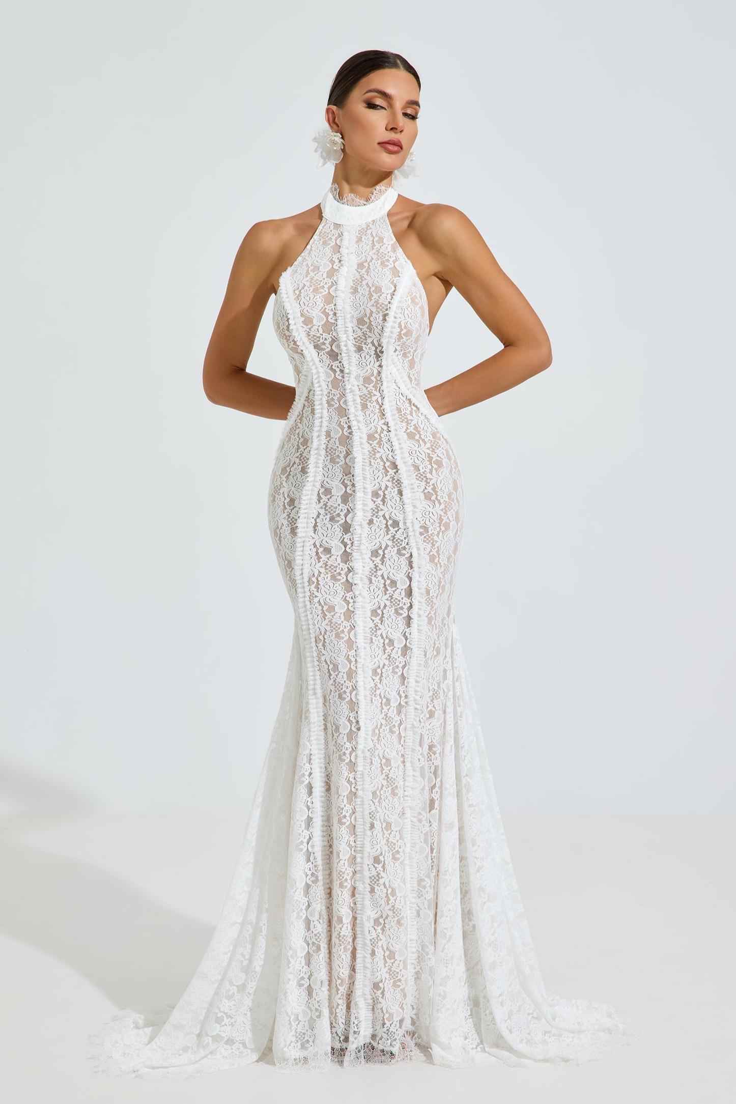 Lace Halter Neck Tie-Up Maxi Dress