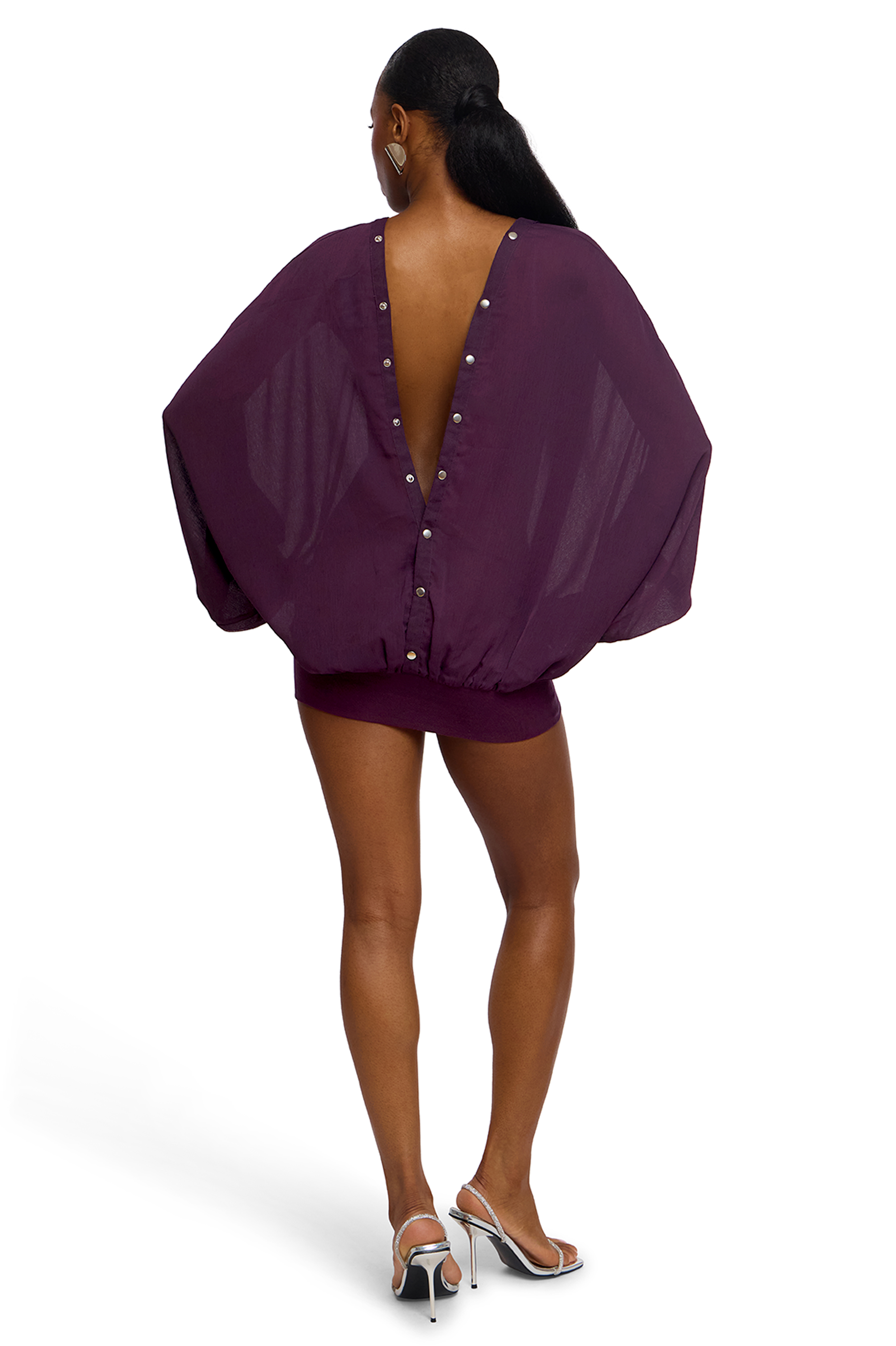 Solid Single Breasted Batwing Sleeve See-Through Mini Dress