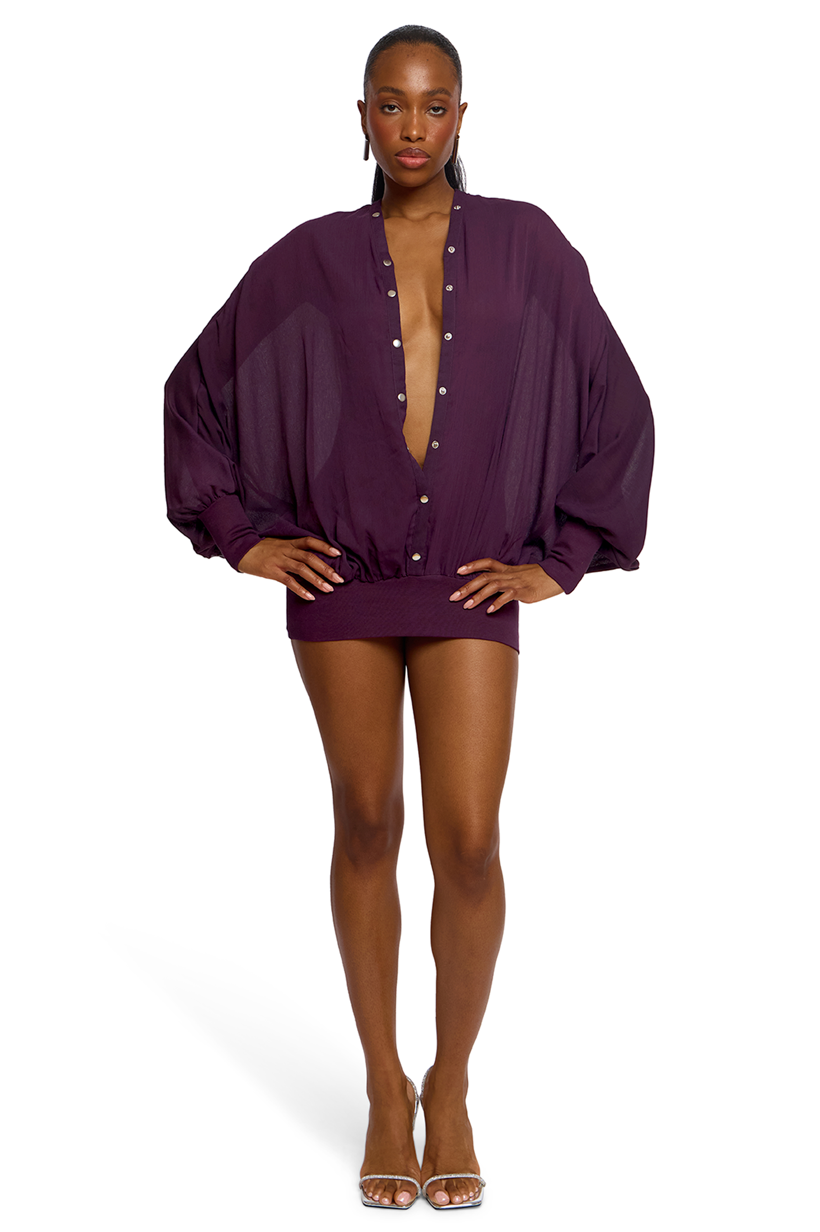 Solid Single Breasted Batwing Sleeve See-Through Mini Dress