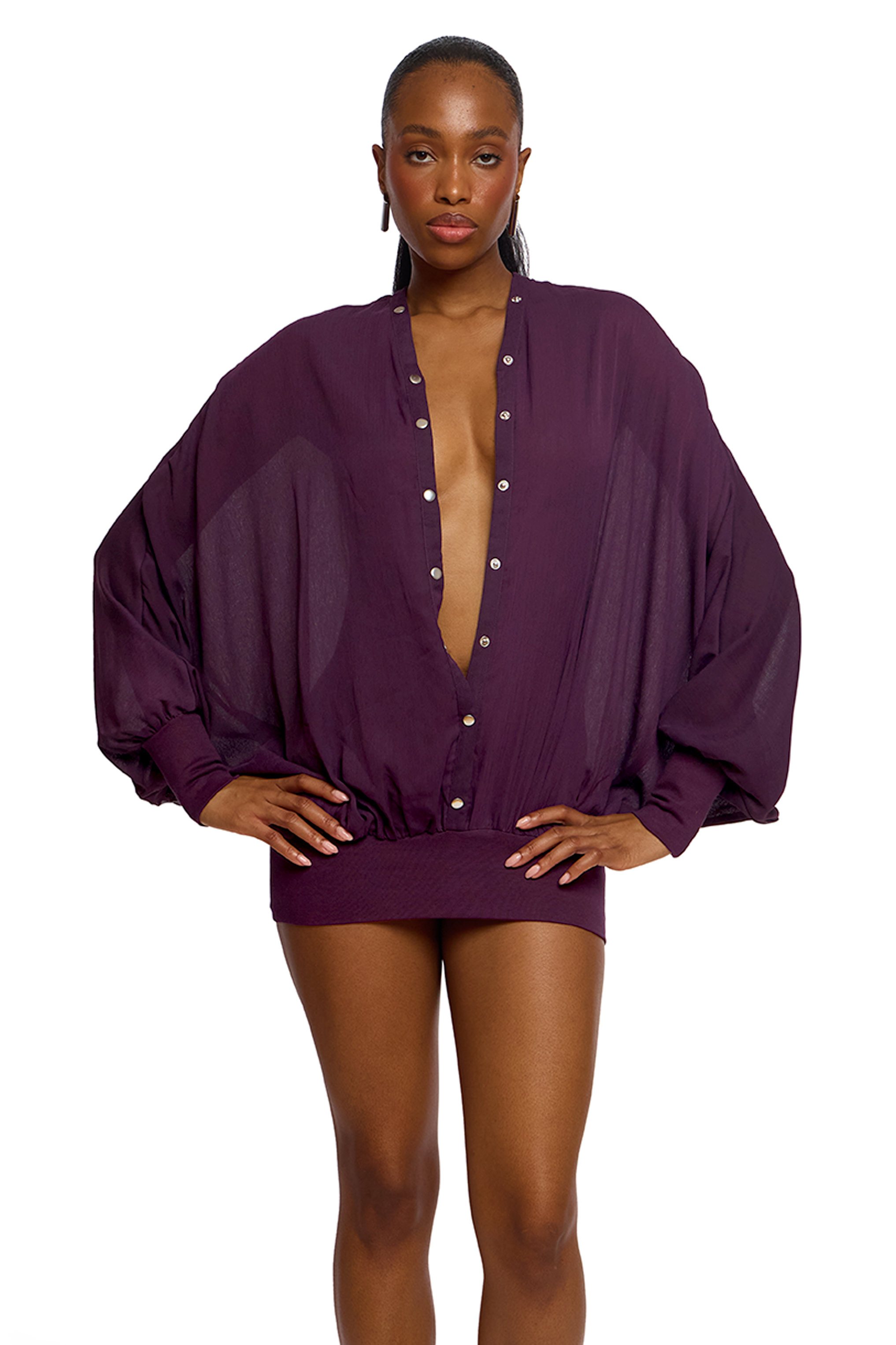 Solid Single Breasted Batwing Sleeve See-Through Mini Dress