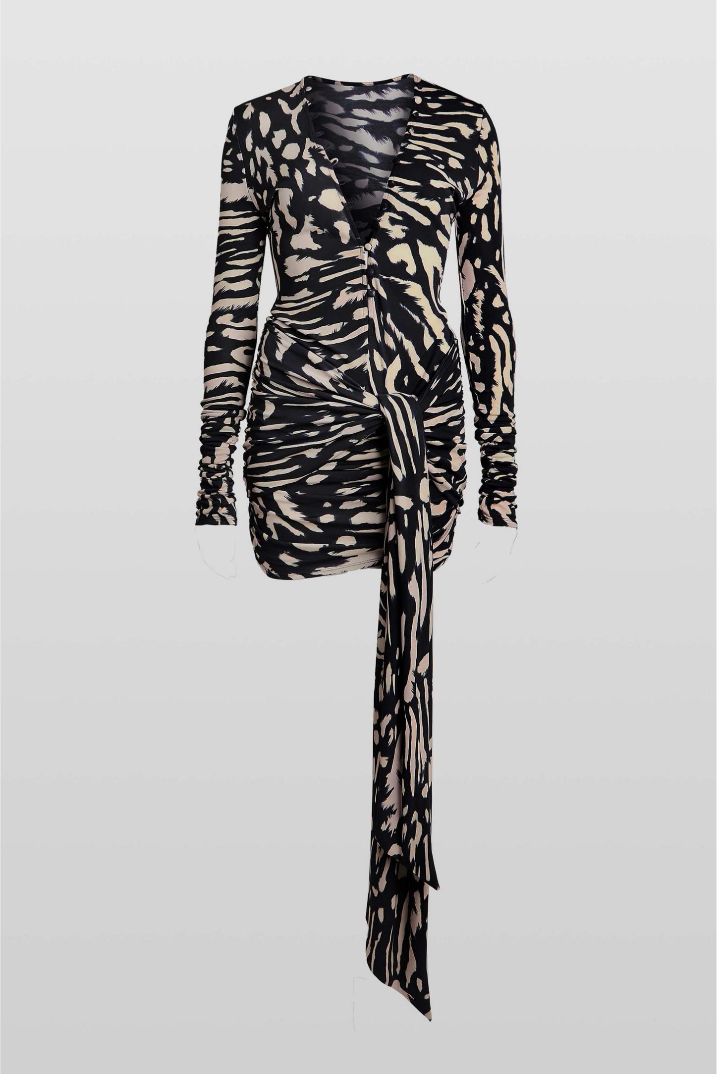 Animal Print Single Breasted Long Sleeve Mini Dress