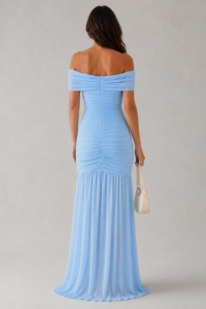 Mesh Gathering Off Shoulder Maxi Dress