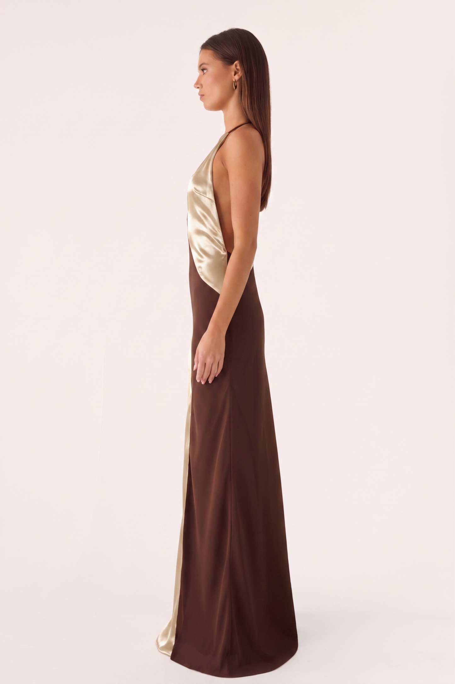 Satin Splicing Jersey V-Neck Backless Maxi Dress