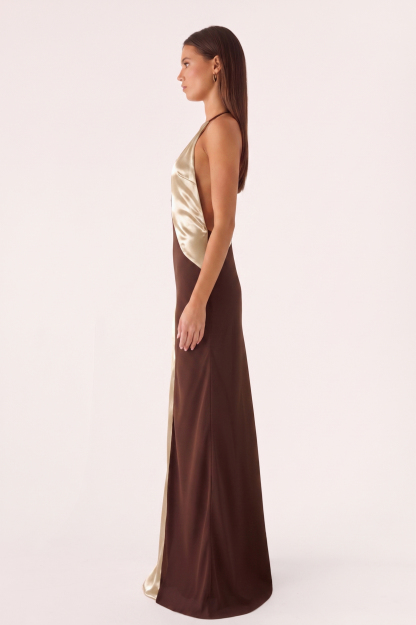 Satin Splicing Jersey V-Neck Backless Maxi Dress