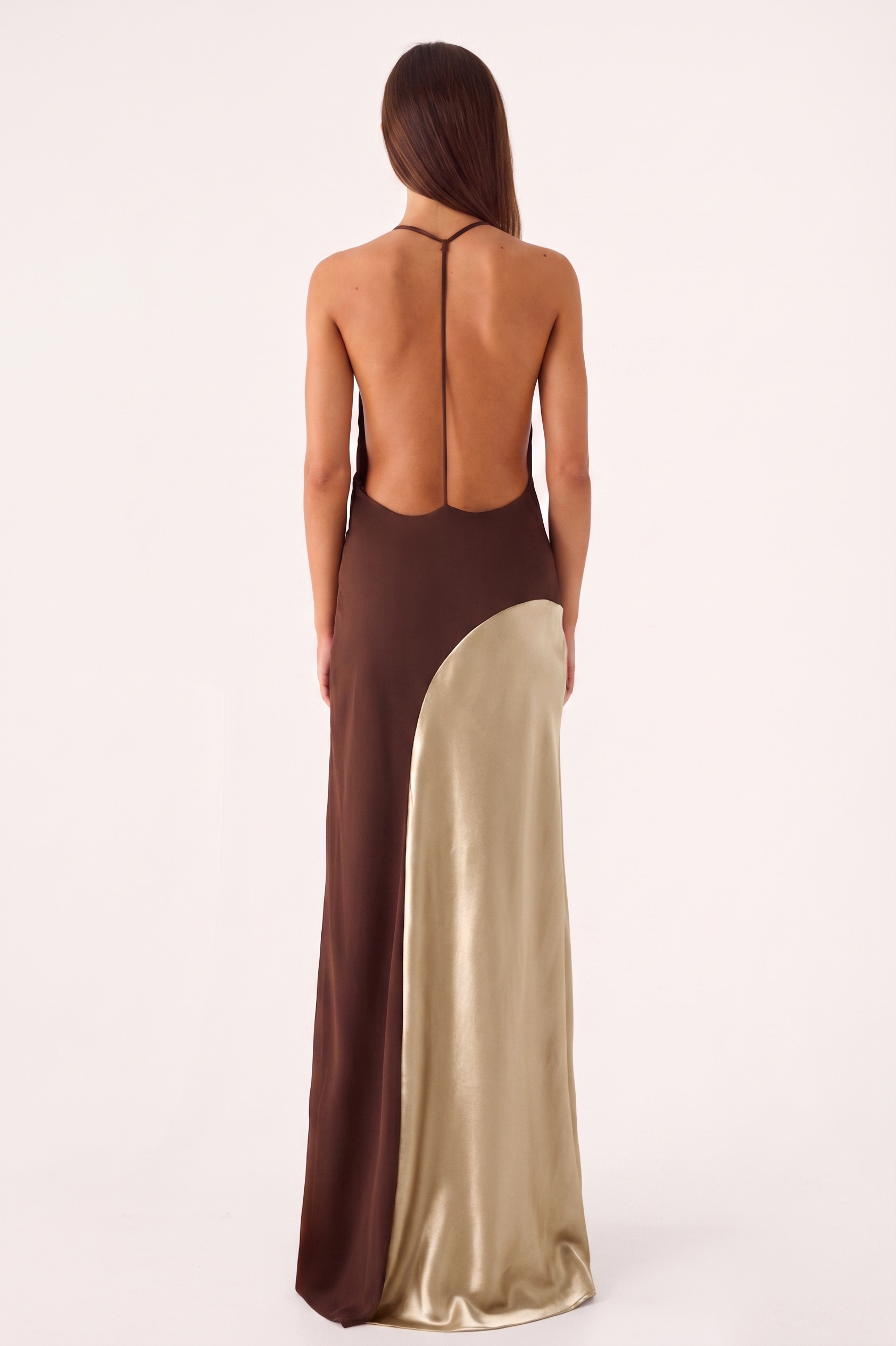 Satin Splicing Jersey V-Neck Backless Maxi Dress