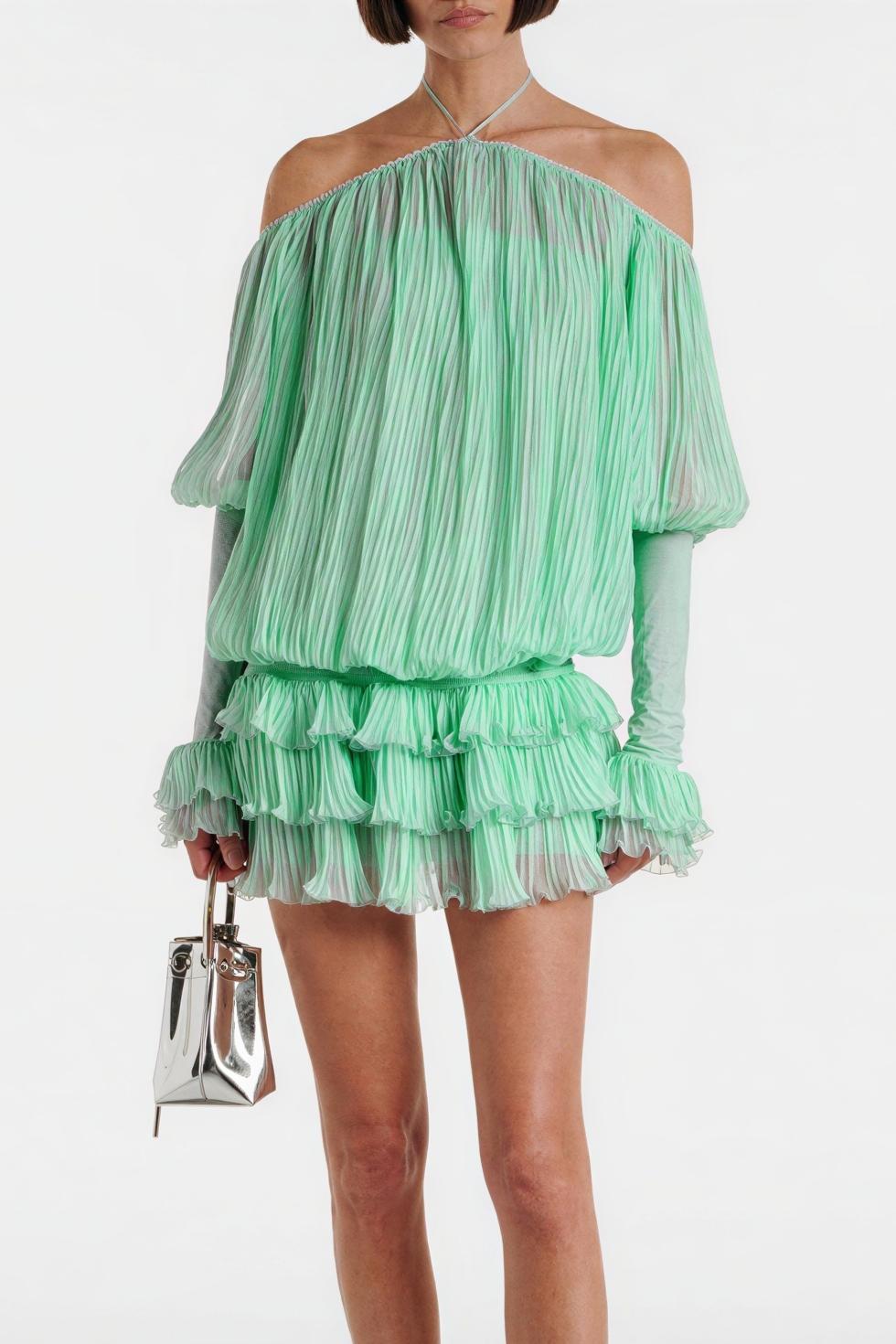 Chiffon Pleated Ruffle Mini Dress