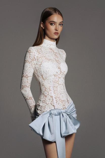 Lace Splicing Satin Bow Mini Dress