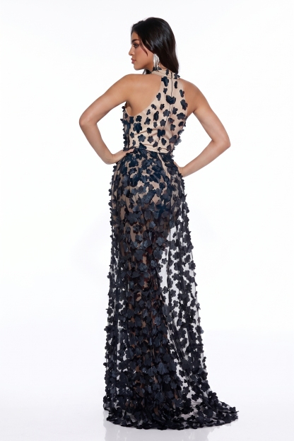 Mesh 3D Flower See-Through Maxi Dress