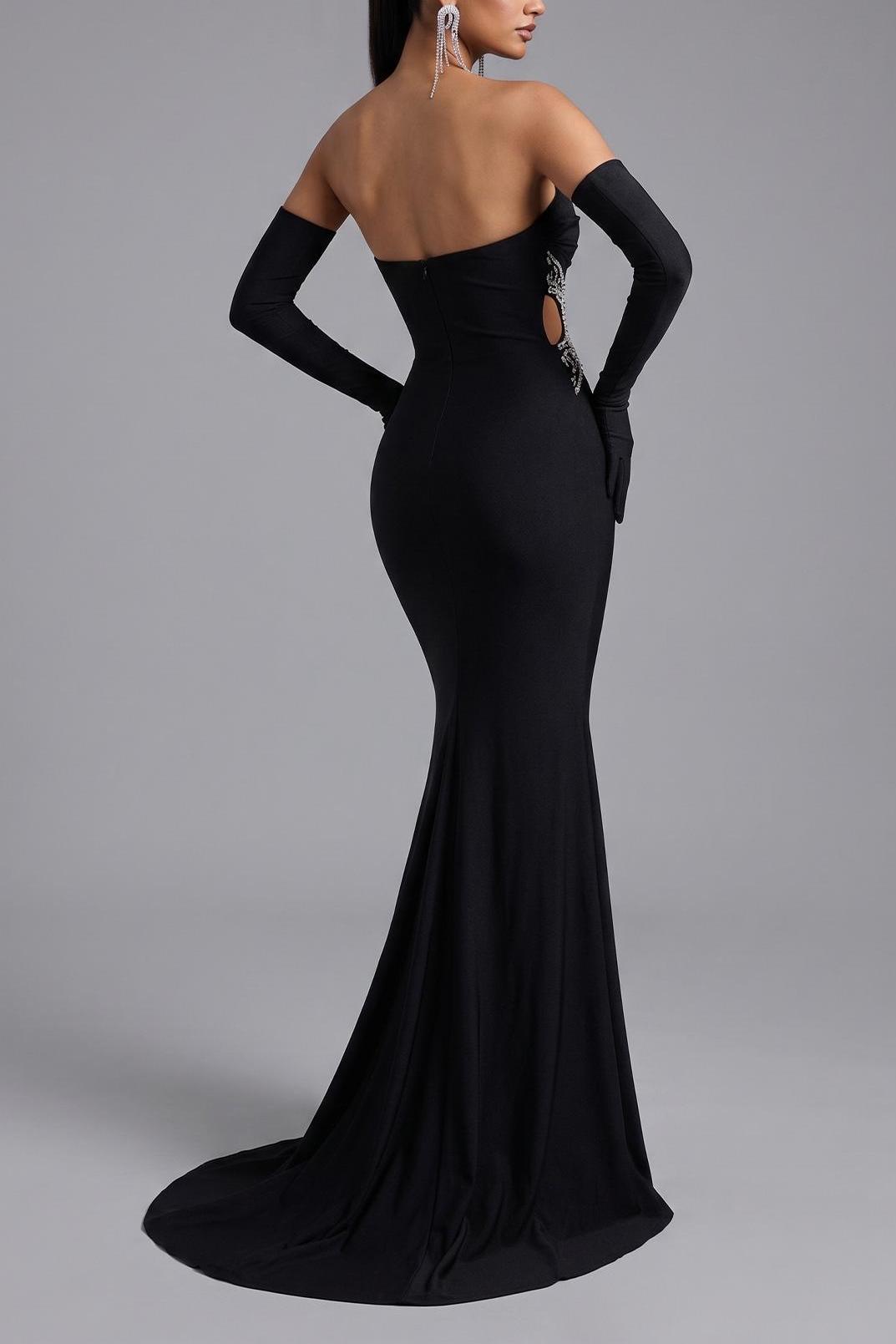 Jersey Strapless Rhinestone Maxi Dress With Gloves