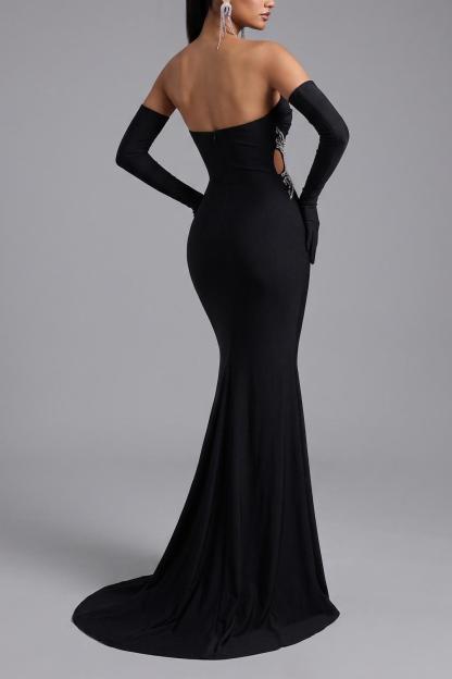 Jersey Strapless Rhinestone Maxi Dress With Gloves